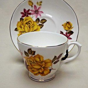 Duchess Bone China England Yellow Roses Footed Tea Cup and Saucer